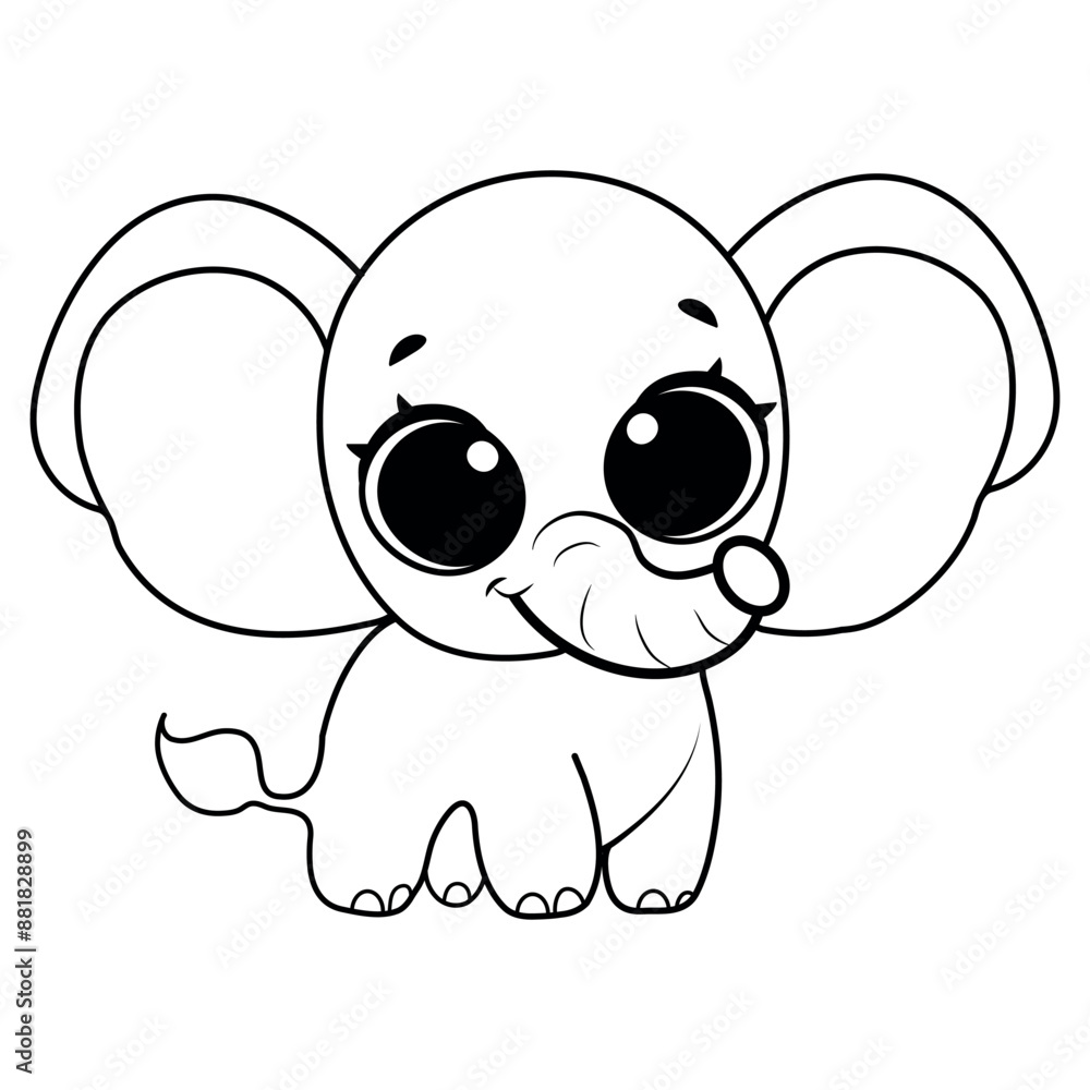 Adorable Cartoon Elephant With Big Eyes Line Art Design. Adorable Cartoon Elephant With Big Eyes Line Art Design.