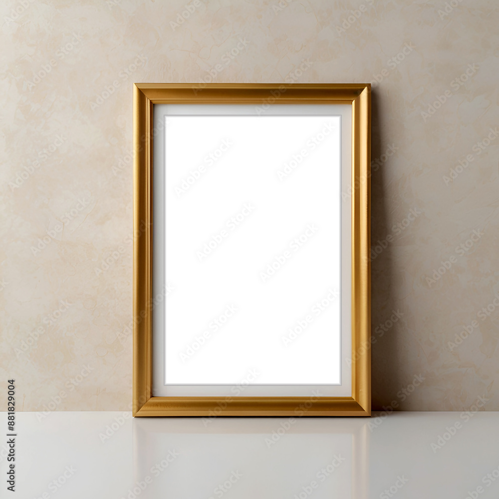 an empty golden picture frame on a white wall, a modern, thin frame an empty golden picture frame on a white wall, a modern, thin frame