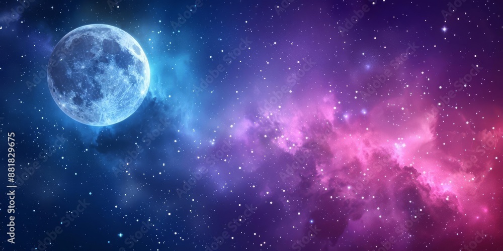 Vibrant night sky with a full moon and colorful nebula, showcasing the beauty of outer space. Perfect for astronomy and cosmic-themed visuals. Vibrant night sky with a full moon and colorful nebula, showcasing the beauty of outer space. Perfect for astronomy and cosmic-themed visuals.