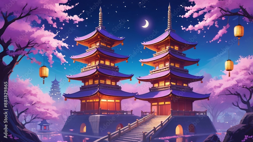 Show a tall pagoda surrounded by illuminated cherry blossoms, with lanterns hanging from the pagoda levels. The night sky is a gradient of deep blue to purple, with the lanterns casting a warm glow on Show a tall pagoda surrounded by illuminated cherry blossoms, with lanterns hanging from the pagoda levels. The night sky is a gradient of deep blue to purple, with the lanterns casting a warm glow on