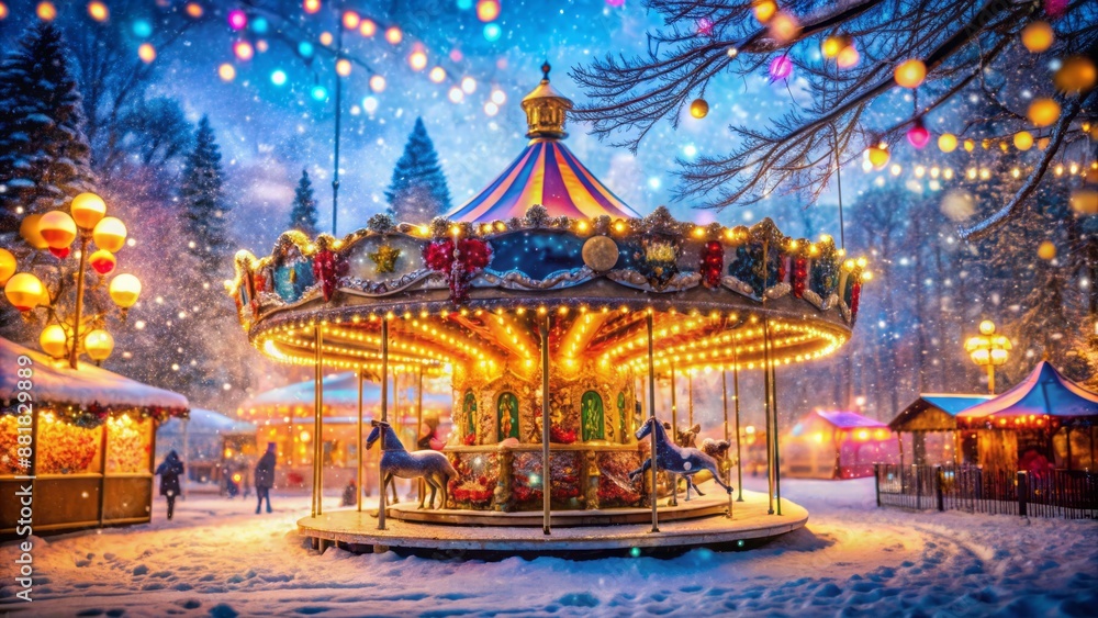 Vibrant winter wonderland scene featuring a blurred merry-go-round surrounded by twinkling lights and bokeh on a snowy evening. Vibrant winter wonderland scene featuring a blurred merry-go-round surrounded by twinkling lights and bokeh on a snowy evening.