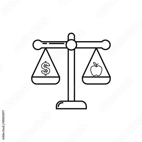 A balance scale where one side has coins and the other has fruits, symbolizing balancing wealth and well-being.