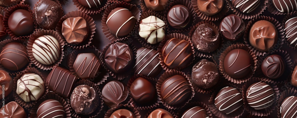 A variety of chocolate candies arranged in a flatlay. A variety of chocolate candies arranged in a flatlay.
