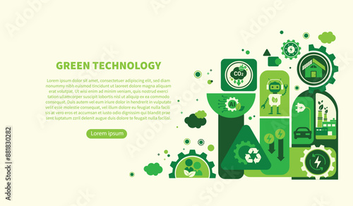 The Concept of AI, Artificial Intelligence and Green Technology For Sustainability Development. Ecology Icons, Environment Vector, Eco Friendly and Green Economy. Flat Doodle Template Design.