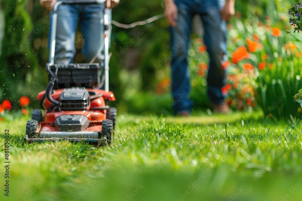 Lawn mower cutting grass in the garden. Gardening concept Lawn mower cutting grass in the garden. Gardening concept