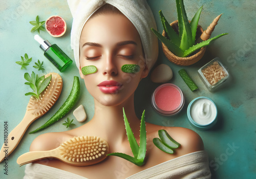 Aloe Vera, natürlich und vegan, Kosmetik-Herstellung, Aloe Vera ist ein sehr nützliches Kräuterheilmittel zur Hautbehandlung und zur Verwendung im Spa zur Hautpflege, natürlich, vegan photo