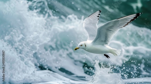 Adult Black legged Kittiwake flying low over ocean waves