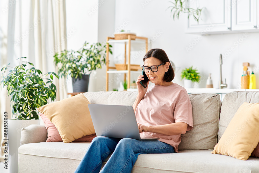 A woman in casual attire using a laptop on a couch. A woman in casual attire using a laptop on a couch.