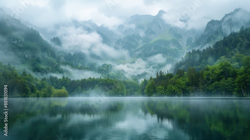 Lush green mountains rise above a misty forest with a serene lake in the foreground, all painted in soft watercolor tones, captured with a split-shot camera angle, Balanced Exposure, natural light,