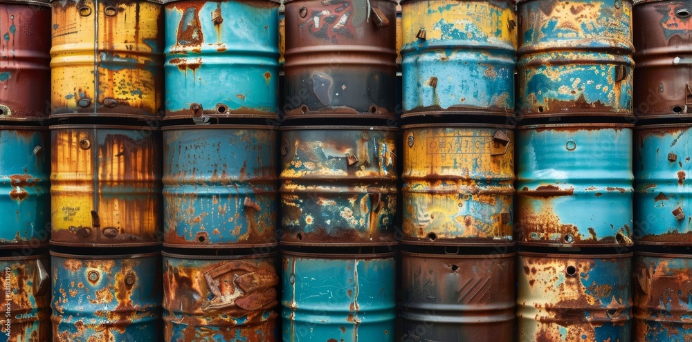 A gritty industrial storage yard filled with stacked rusty oil drums, portraying the rugged essence of heavy industry and manufacturing. A gritty industrial storage yard filled with stacked rusty oil drums, portraying the rugged essence of heavy industry and manufacturing.