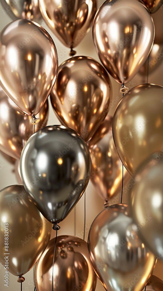 Shiny golden and bronze balloons are floating, creating a festive atmosphere for a birthday party or other special occasion