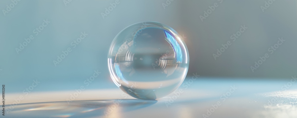 Serene crystal ball reflects light on a smooth surface, creating a minimalist composition with a subtle glow against a blue and white backdrop, evoking magic and mystery Serene crystal ball reflects light on a smooth surface, creating a minimalist composition with a subtle glow against a blue and white backdrop, evoking magic and mystery