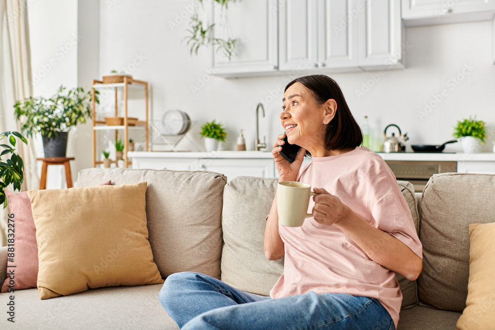 A mature woman in cozy homewear enjoying a cup of coffee while sitting on a couch. A mature woman in cozy homewear enjoying a cup of coffee while sitting on a couch.