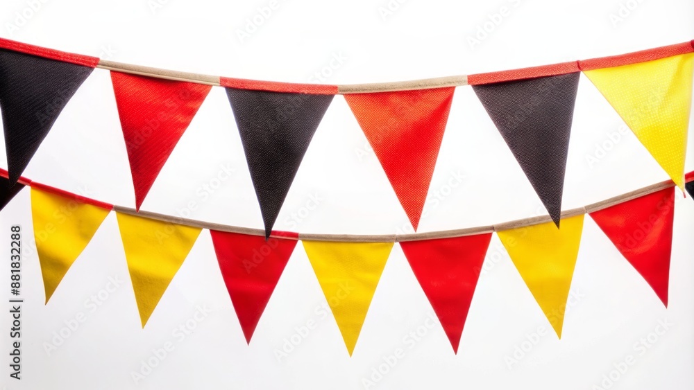 Vibrant red, black, and yellow triangular bunting flags hang beautifully against a plain white background, evoking festive celebration and cultural heritage. Vibrant red, black, and yellow triangular bunting flags hang beautifully against a plain white background, evoking festive celebration and cultural heritage.