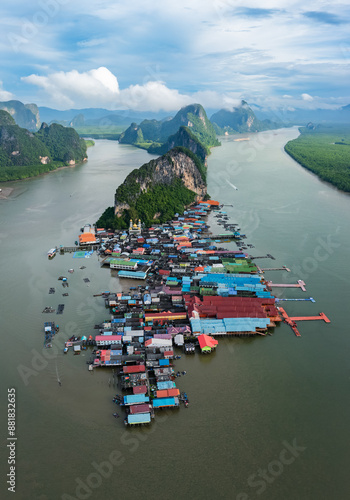 Panorama of Koh Panyee island,  Fisherman village, Phang Nga, Ao Phang Nga National Park, Thailand photo