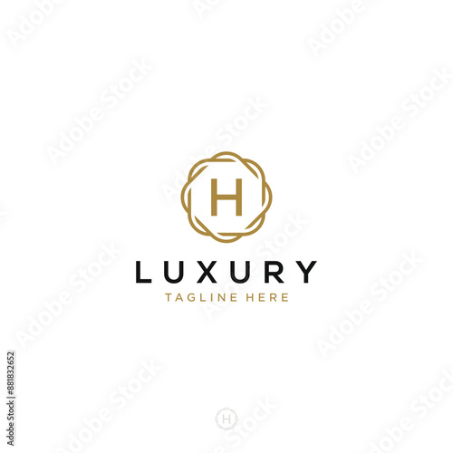 Luxurious minimalist elegant sophisticated Initial H letters geometric rounded hexagonal badge logo design vector with line art style in gold colors for hotel, boutique, jewelry, restaurant or company