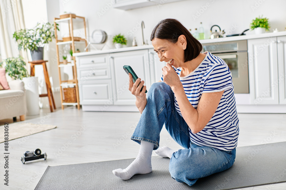 A mature, beautiful woman in cozy homewear sits on the floor, engrossed in her cell phone. A mature, beautiful woman in cozy homewear sits on the floor, engrossed in her cell phone.