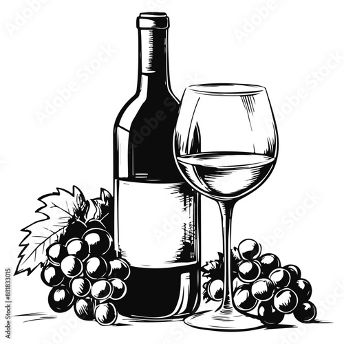 monochrome sketch of wine bottle, glass and grapes on a white background