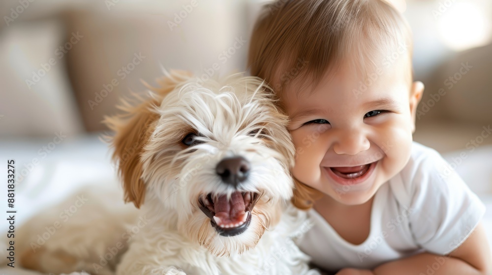 A happy baby and a dog share a joyous moment together, both smiling widely, captured in an affectionate and playful indoor setting full of warmth, love, and tenderness. A happy baby and a dog share a joyous moment together, both smiling widely, captured in an affectionate and playful indoor setting full of warmth, love, and tenderness.