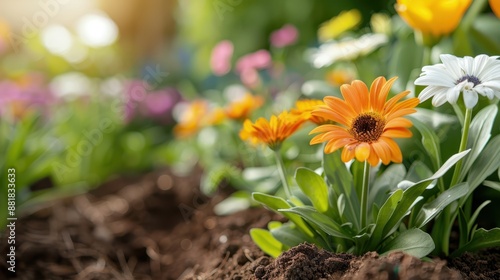 This image showcases a variety of bright and colorful flowers in full bloom, neatly planted in a garden bed. The sunlight adds vibrancy to the stunning floral display. photo