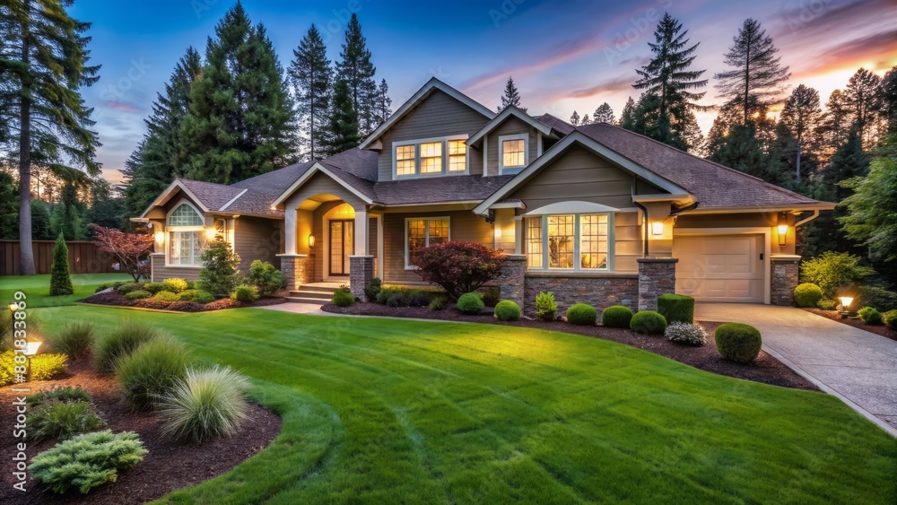 A serene suburban oasis featuring a stunning ranch-style home with a sprawling lawn and lush greenery surroundings. A serene suburban oasis featuring a stunning ranch-style home with a sprawling lawn and lush greenery surroundings.