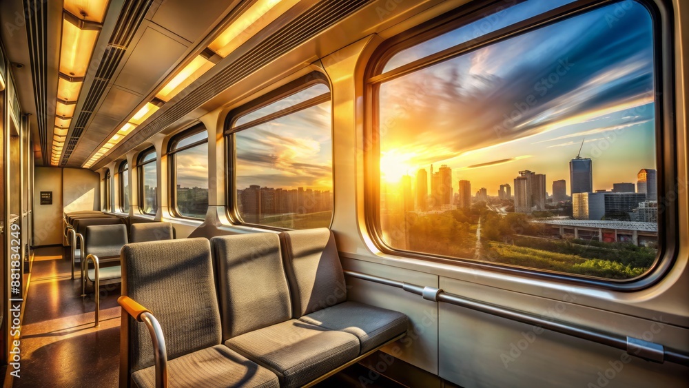 Fototapeta premium Serene morning light illuminates empty train car with rows of seats and windows revealing blurred cityscape outside in motion.