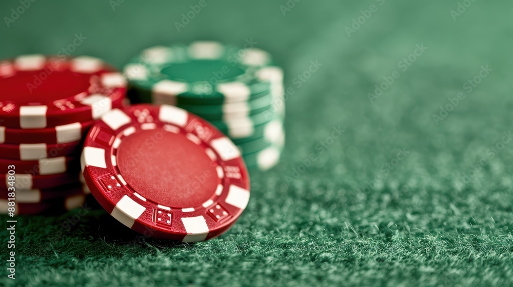 Stacks of red and green poker chips on a green felt table, illustrating a classic casino scene full of risk-taking, strategic thinking, and the pursuit of luck in a modern setting. Stacks of red and green poker chips on a green felt table, illustrating a classic casino scene full of risk-taking, strategic thinking, and the pursuit of luck in a modern setting.