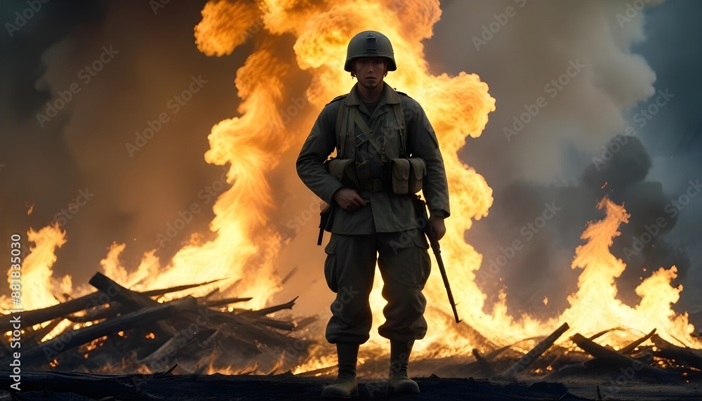 Obraz premium A male soldier in military uniform, calmly standing his ground as a raging fire consumes the surroundings