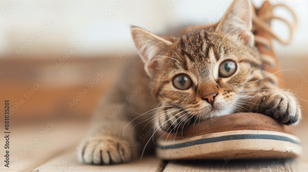 A sweet image of a kitten hugging a vintage shoe, its playful yet gentle demeanor captured in a close-up, evoking feelings of warmth and nostalgia. A sweet image of a kitten hugging a vintage shoe, its playful yet gentle demeanor captured in a close-up, evoking feelings of warmth and nostalgia.