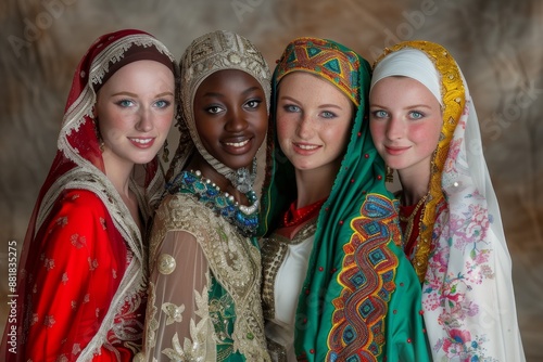 Young women of multicultural appearance, different races and skin color but friends, international women's day, different religions Islam, Christianity