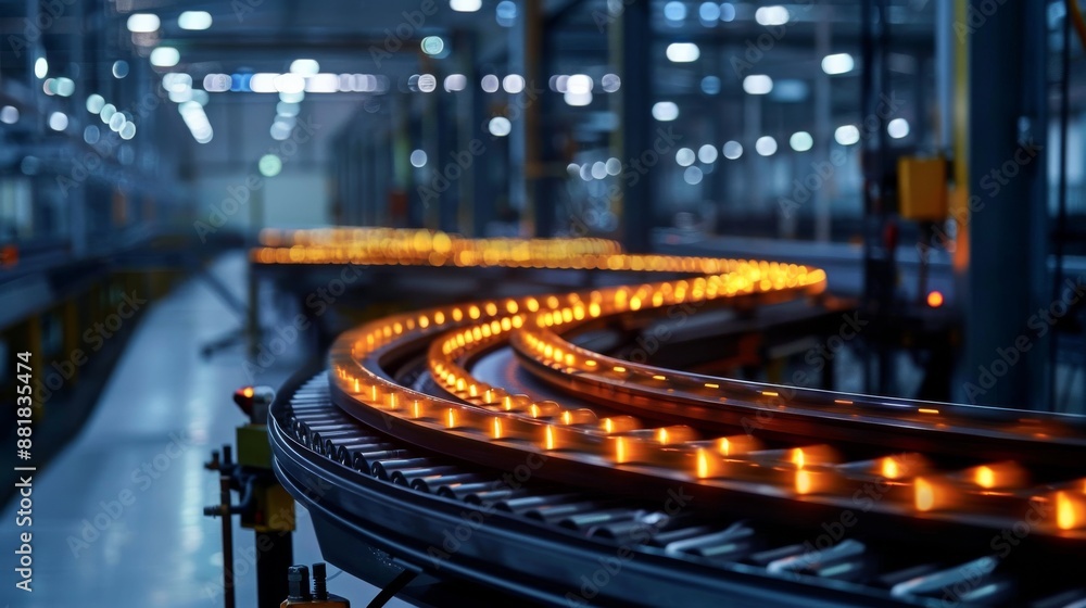 Naklejka premium Data-Driven Efficiency, A conveyor belt system with data visualizations overlaid, big data analysis drives efficiency