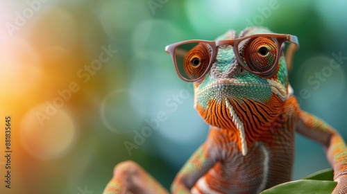 An eye-catching image of a multicolored chameleon wearing modern glasses, showcasing its unique and stylish look, perfect for stock photos related to fashion or nature themes. photo