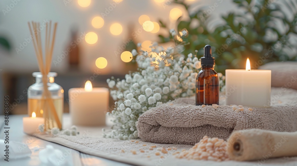 Tranquil Spa Setting with Aromatherapy Essential Oils and Flickering Candles for Relaxation and Peaceful Atmosphere Tranquil Spa Setting with Aromatherapy Essential Oils and Flickering Candles for Relaxation and Peaceful Atmosphere