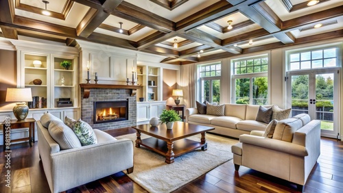 Luxurious suburban living room boasts coffered ceiling with exposed beams, white cabinets, and elegant fireplace, exuding sophistication and refinement.