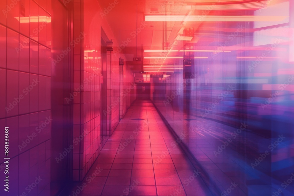 Neon Reflections in a Tiled Corridor Neon Reflections in a Tiled Corridor