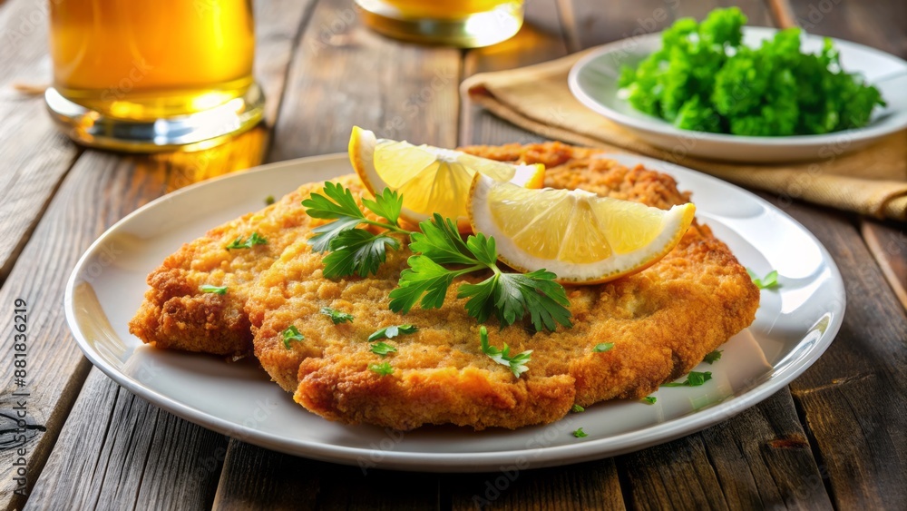 Golden breadcrumb-coated pork cutlet served with a tangy lemon wedge, fresh parsley garnish, and a chilled glass of amber brew. Golden breadcrumb-coated pork cutlet served with a tangy lemon wedge, fresh parsley garnish, and a chilled glass of amber brew.