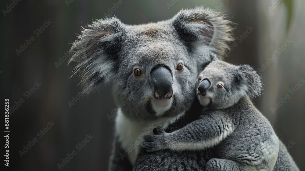 Obraz premium A koala mother with her joey clinging to her back.
