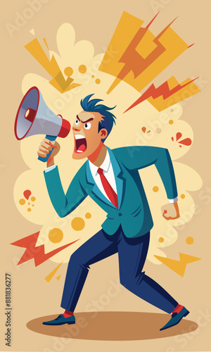 Aggressive Advertising Campaign with Furious Businessman Shouting on Megaphone to Open Minds and Influence Beliefs
