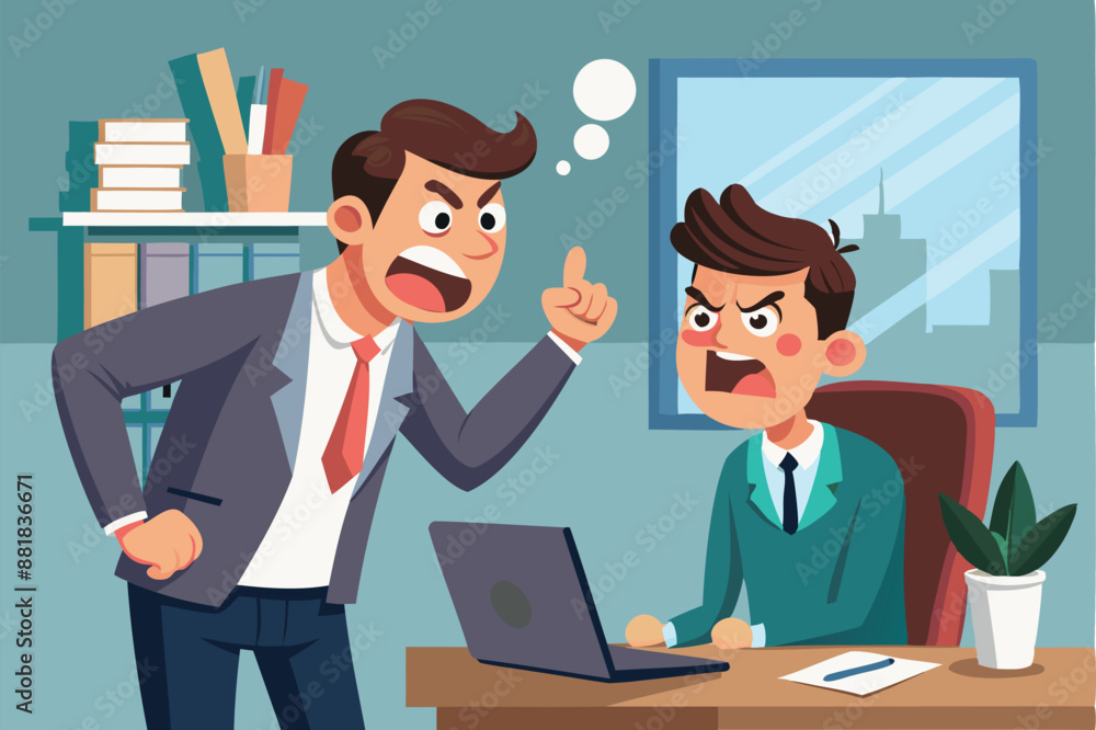 Angry Boss Shouting at Sad Underperforming Employee, Work Failure Criticism and Office Conflict Concept Angry Boss Shouting at Sad Underperforming Employee, Work Failure Criticism and Office Conflict Concept