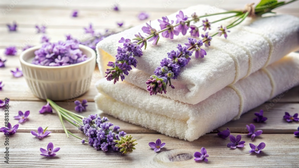 Serene arrangement of plush white towels adorned with fresh lavender flowers and a crisp white soap bar exuding relaxation. Serene arrangement of plush white towels adorned with fresh lavender flowers and a crisp white soap bar exuding relaxation.