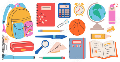 Big School supplies set. Cute school stationery collection. Backpack, book, notebooks, notepad, pen, pencils, marker, globe, alarm clock. for banner, poster, tag, scrapbooking. Vector hand draw 