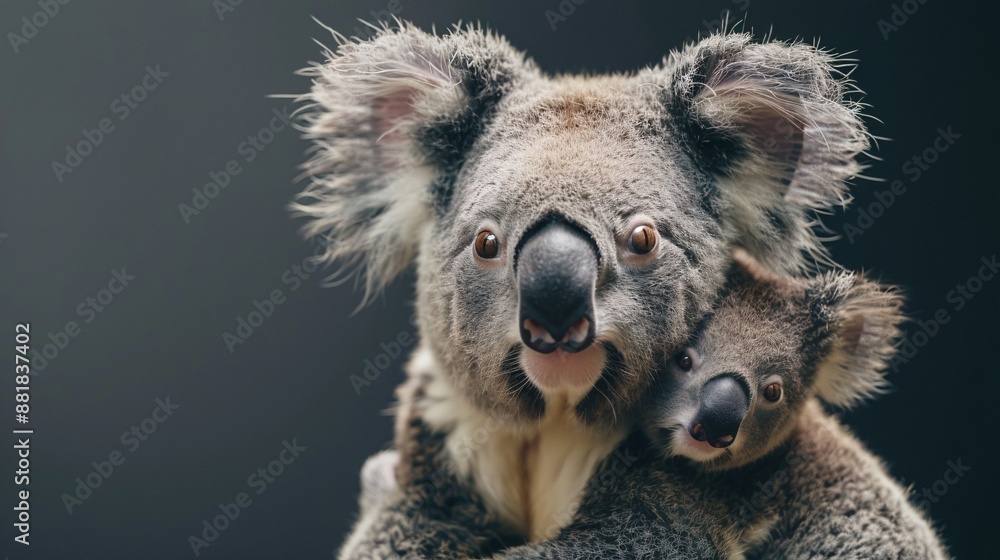 A koala mother and her baby joey snuggling on her back. A koala mother and her baby joey snuggling on her back.
