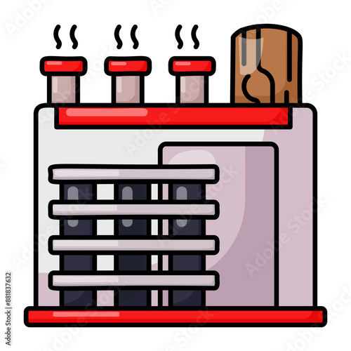 Heat Pump Wood Drying or dehumidifying concept, Kiln Dryer With Boiler vector outline design, timber and lumber Symbol,  forest Deforestation products Sign,mill yard and sawworks stock illustration