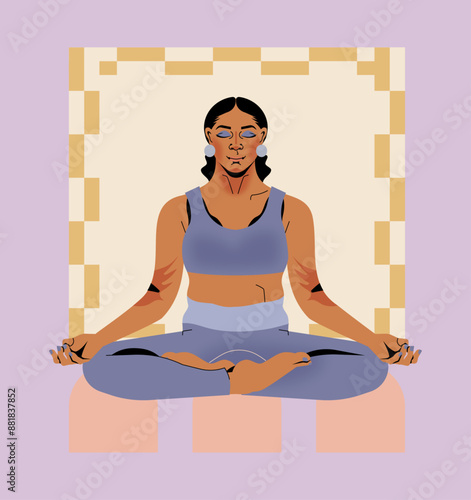 Ilustración vectorial de mujer latina en posición de flor de loto practicando Yoga y meditación