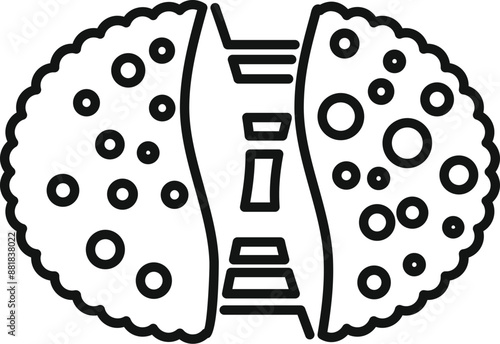 Billede på lærred Line drawing of a chocolate chip cookie splitting open revealing gooey chocolate