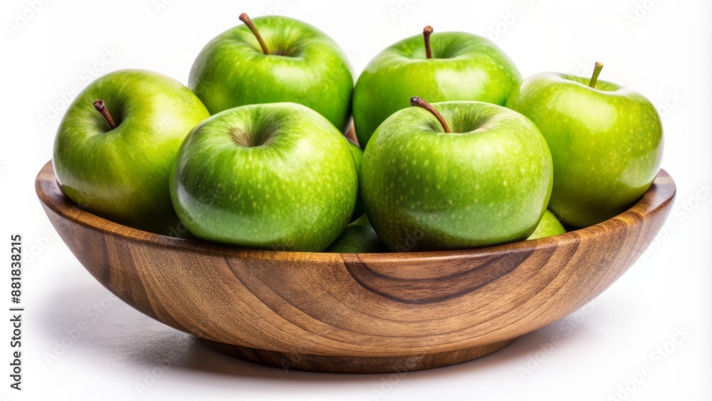Freshly picked green apples arranged artfully in a rustic wooden bowl on a clean isolated transparent background. Freshly picked green apples arranged artfully in a rustic wooden bowl on a clean isolated transparent background.