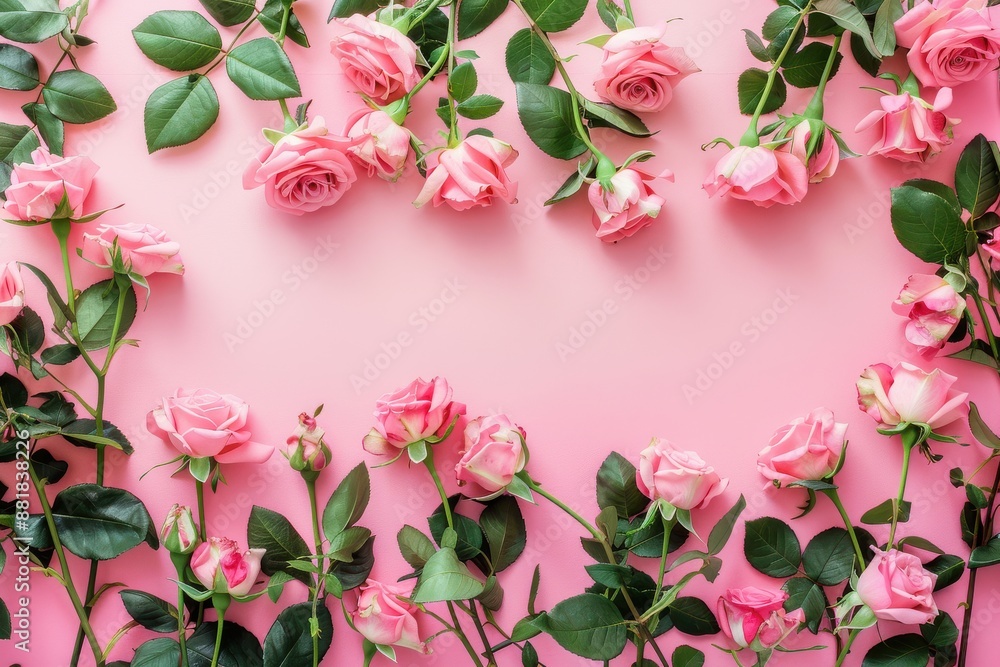 pink roses on pink background, greeting card, top view pink roses on pink background, greeting card, top view