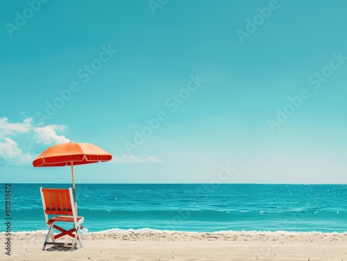 A serene beach scene featuring a single orange beach chair and umbrella, set against a backdrop of clear blue skies and calm ocean waves.

 photo