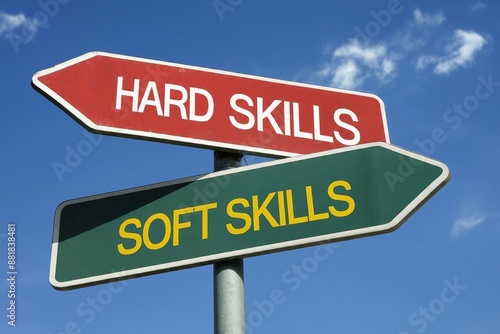 Hard Skills vs Soft Skills - Traffic sign with two options - dilemma between abilities and capabilities. Technical and practical knowledge vs social and emotional interaction and skillfulness