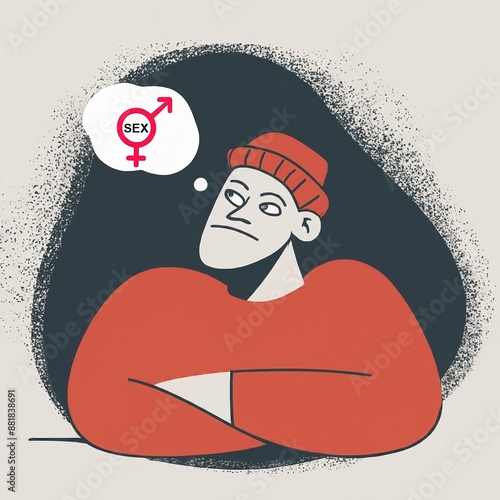 Sexual addiction and nymphomany - addict nymphomaniac male is thinking only about sex. Sexual thoughts, obsession and mania illustration